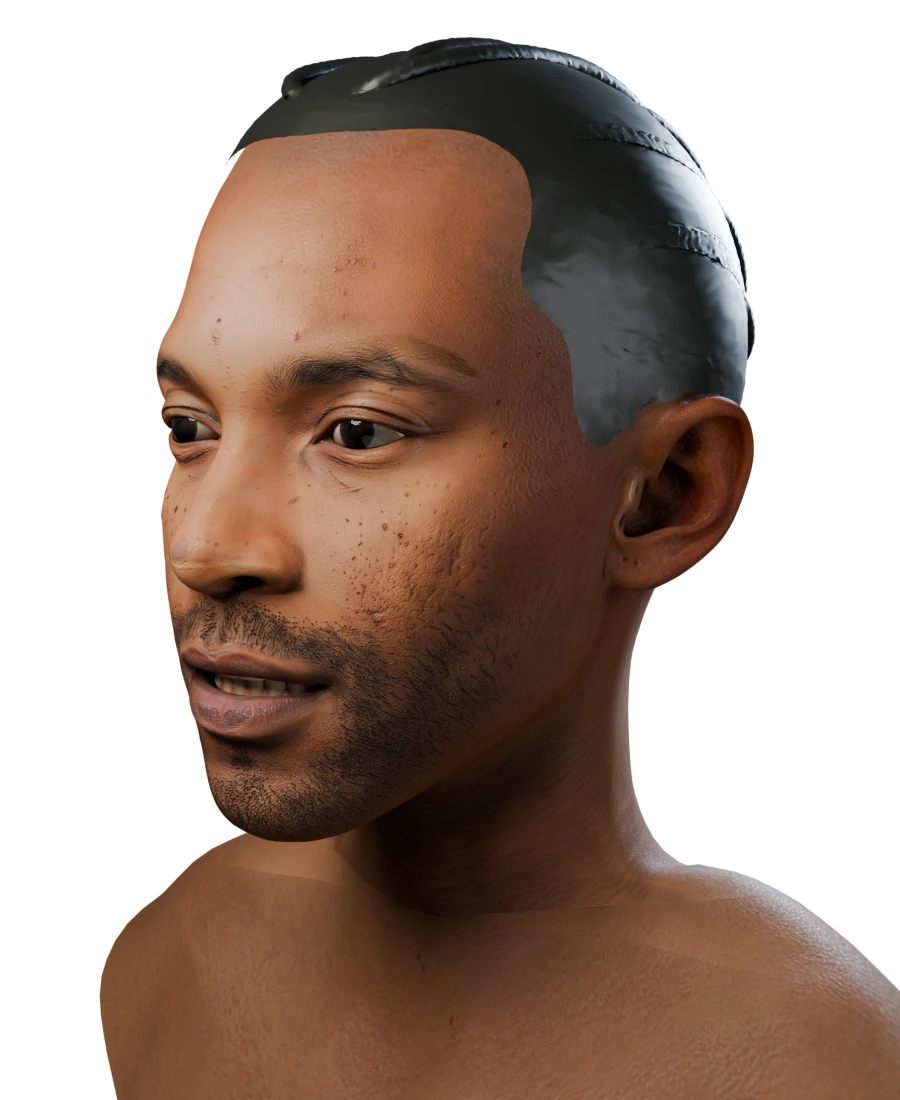 Fitted head with hair preview, built from a synthetic photo