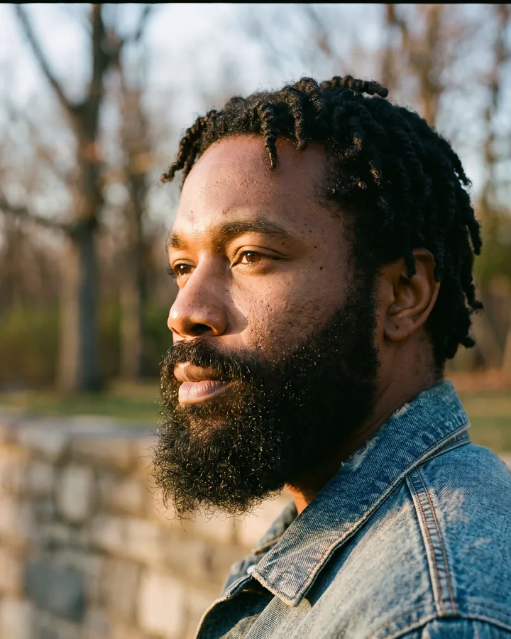 Synthetic photo: bearded man, head turned, side light