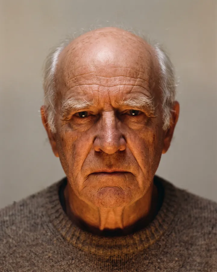 Synthetic photo: elderly man under harsh orange light