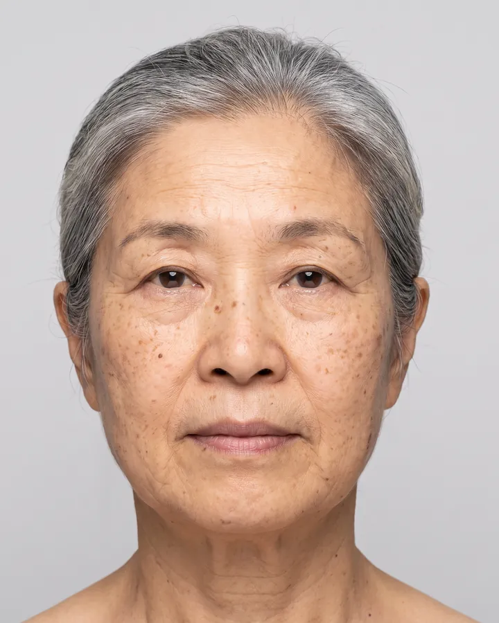 The same woman redrawn facing the camera with a neutral expression and no glasses