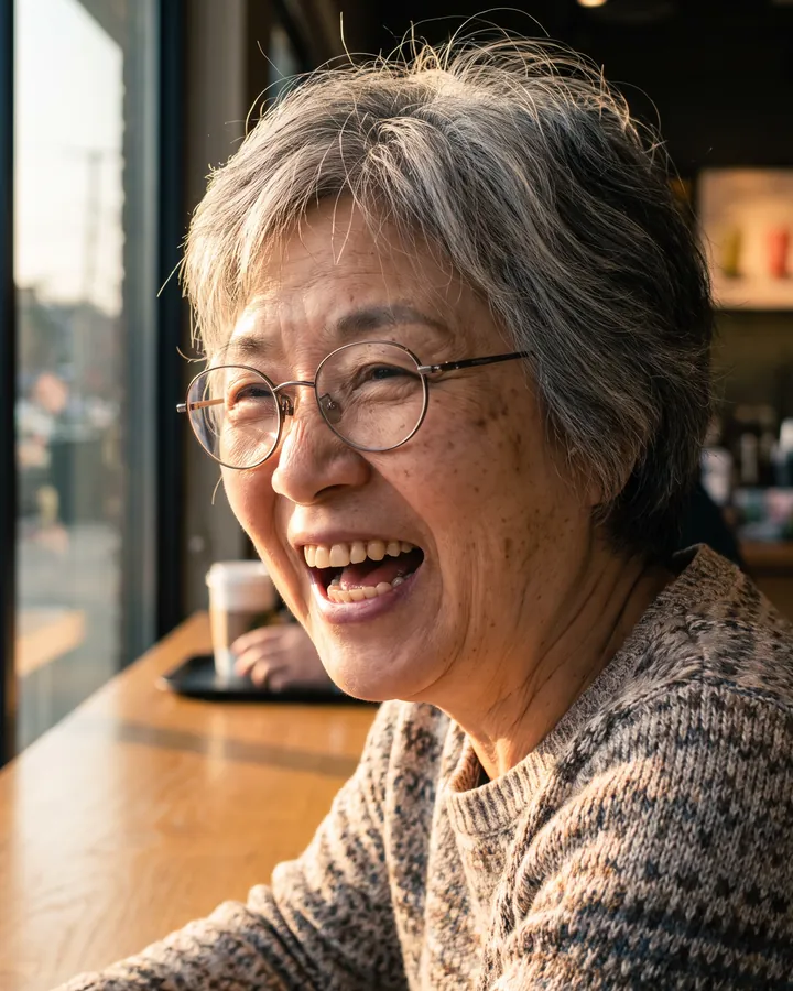 Synthetic photo of a laughing woman with glasses in a café
